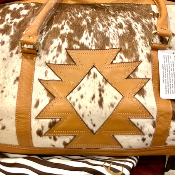 Boho Luxe Duffle Weekender Leather Cowhide Travel Black, Tan and Brown and White - Picture 3 of 9